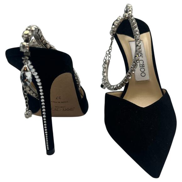 Jimmy Choo Saeda 100 Crystal Embellished Suede Pointed Toe Pumps Black 37 / 7 - Picture 8 of 12